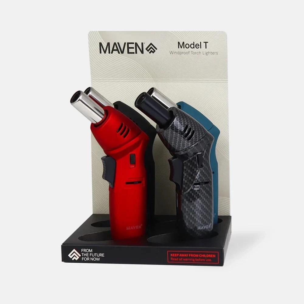 MAVEN Model-T Windproof Torch Lighters 4Count Display Assorted Colors Refillable