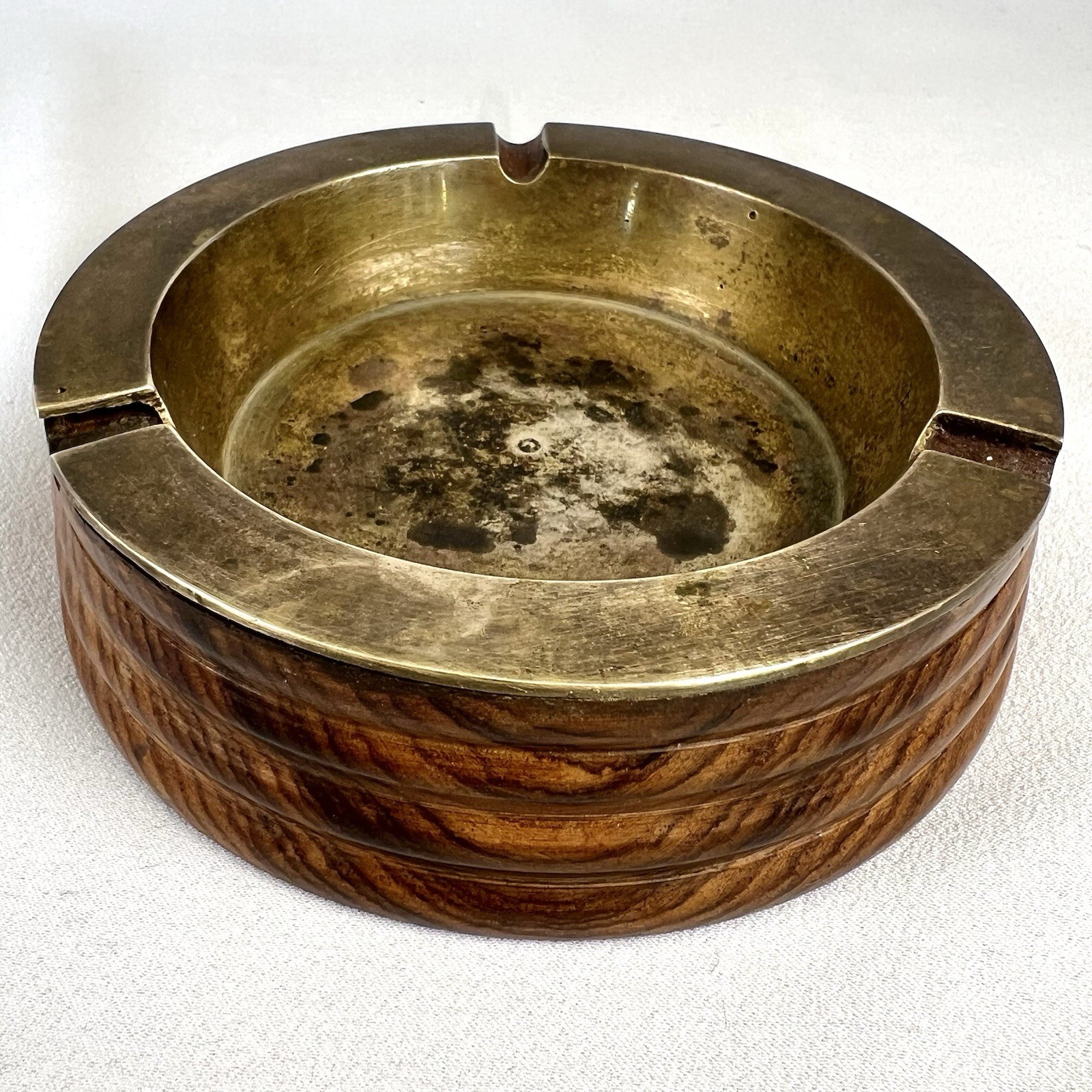 VTG Solid Brass Ashtray Wood Base Round Cigarettes Enesco Import India 5 Inches