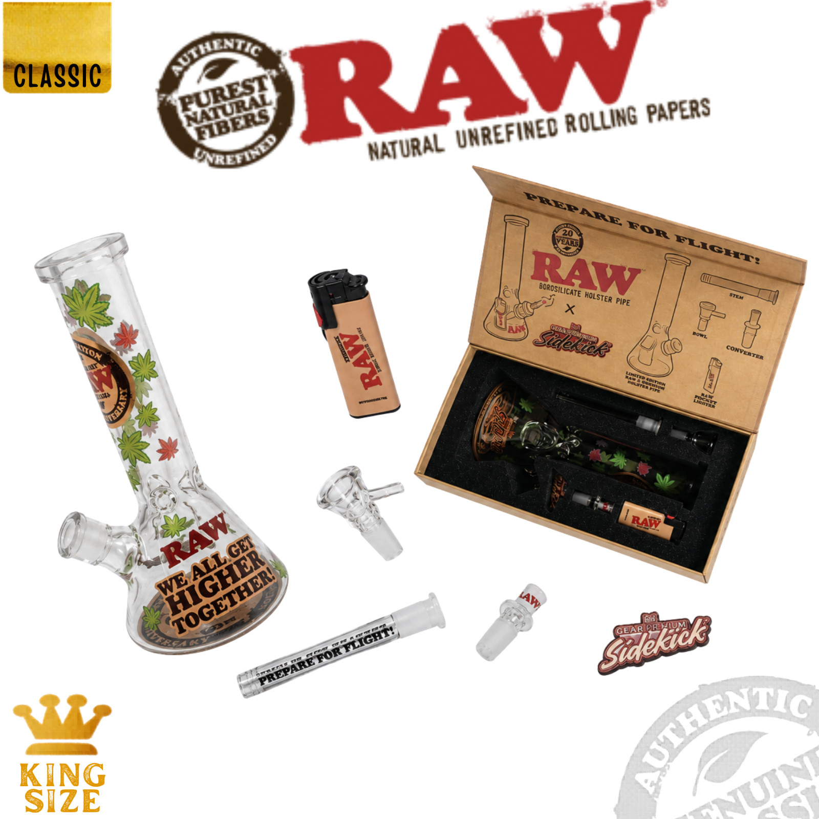RAW Sidekick Borosilicate Holster Pipe Gift Set Cone Pipe w/ Lighter & Bowl