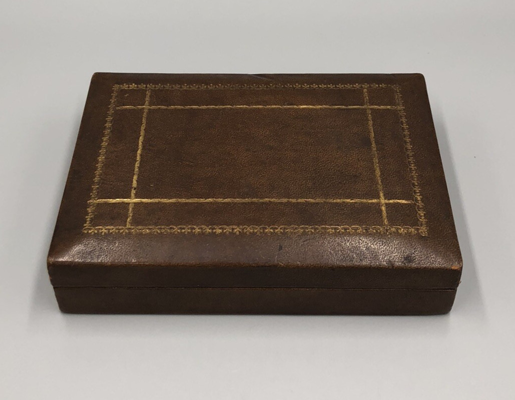 Vintage Dunhill Leather Wrapped Wooden Storage Box Brown & Gold with Silk Lining