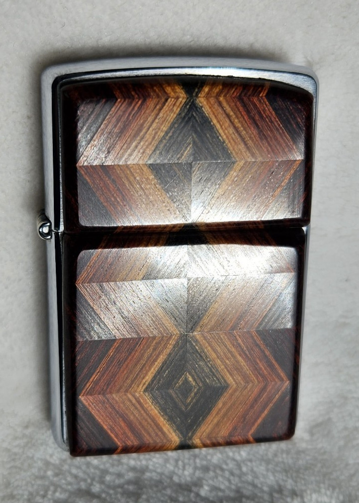 Zippo Lighter 2000 Geometric Art Deco Wood Veneer Plate/Emblem, Brushed Chrome