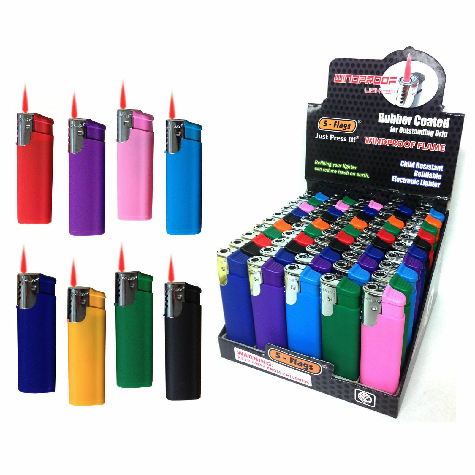 5-Flags® Rubber Coated Windproof Flame Electronic Lighter Refillable 50Pcs 80-86