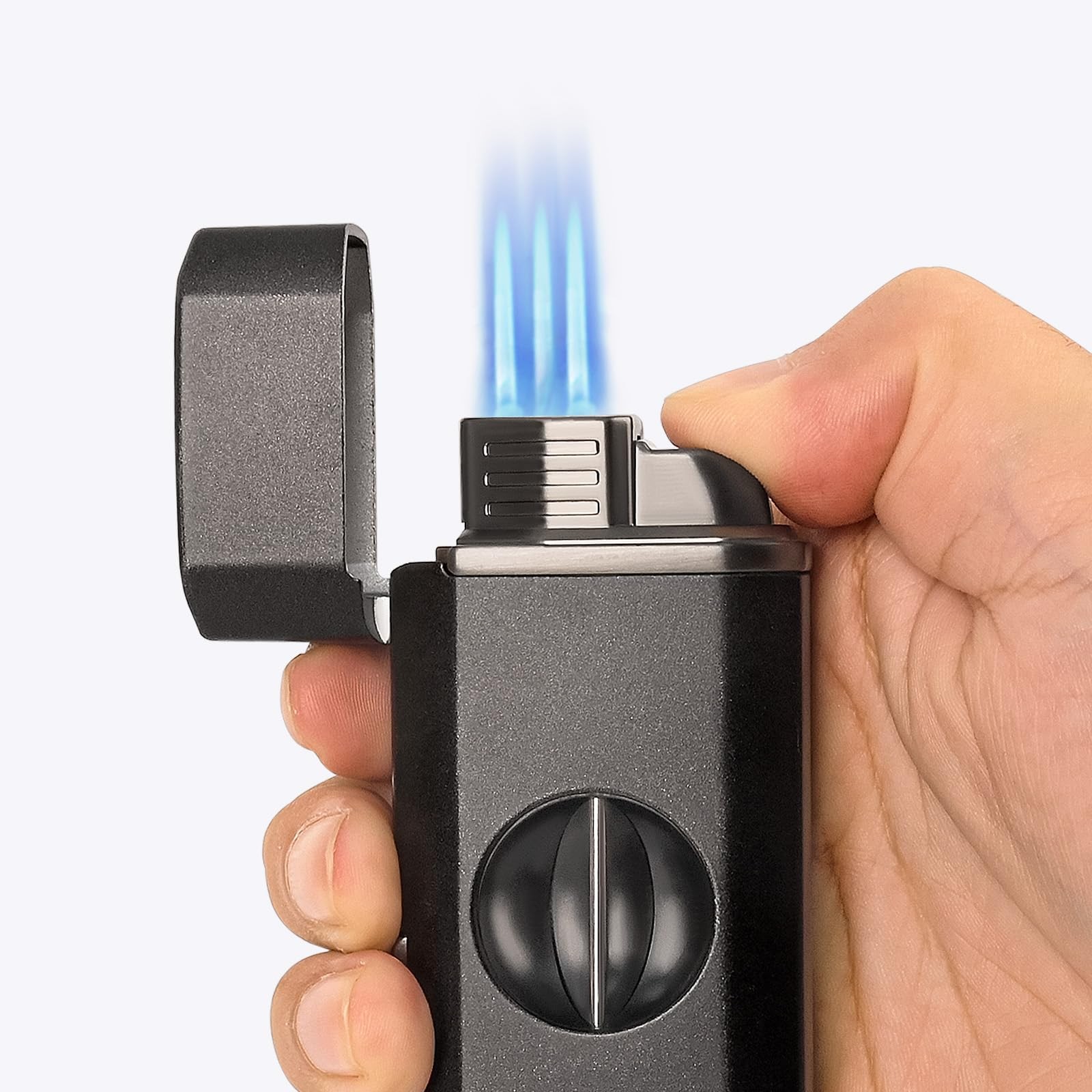 CIGAROL Refillable 3-in-1 Cigar Torch Lighter – Blue Jet Flame with Black