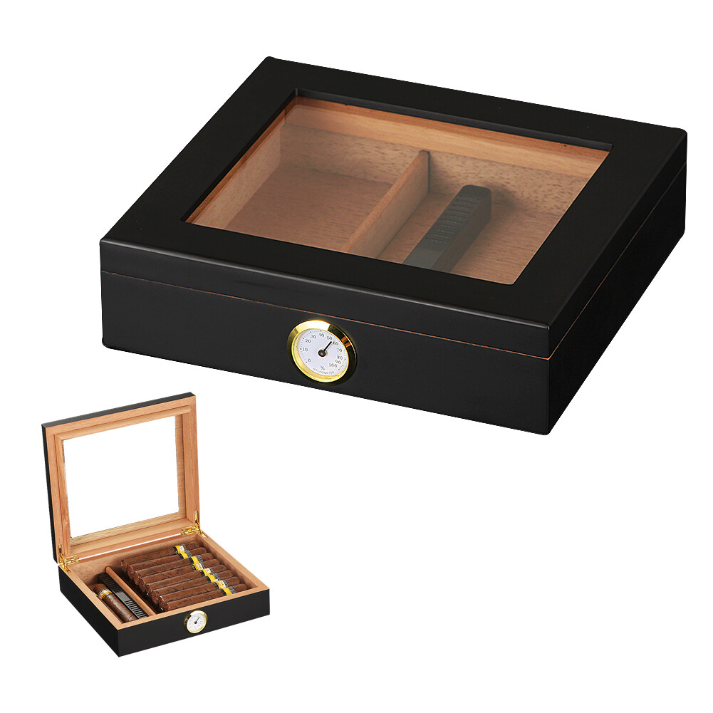 Black Cigars Humidor Storage Box Desktop Glasstop Humidifier Hygrometer Wood Box