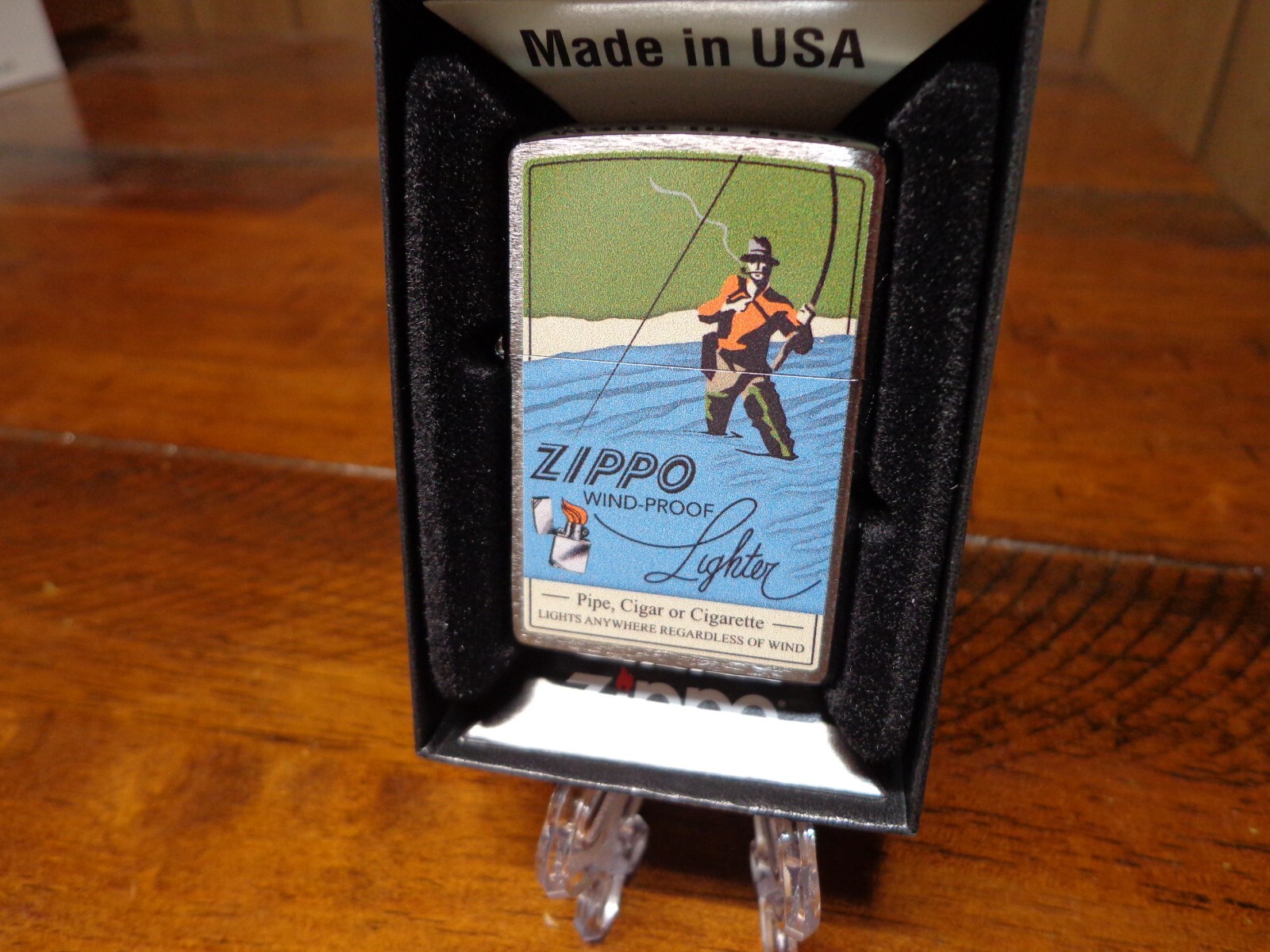 RETRO ZIPPO FISHING PIPE SMOKING FLY FISHERMAN AND 1934-1936 AD ZIPPO LIGHTER