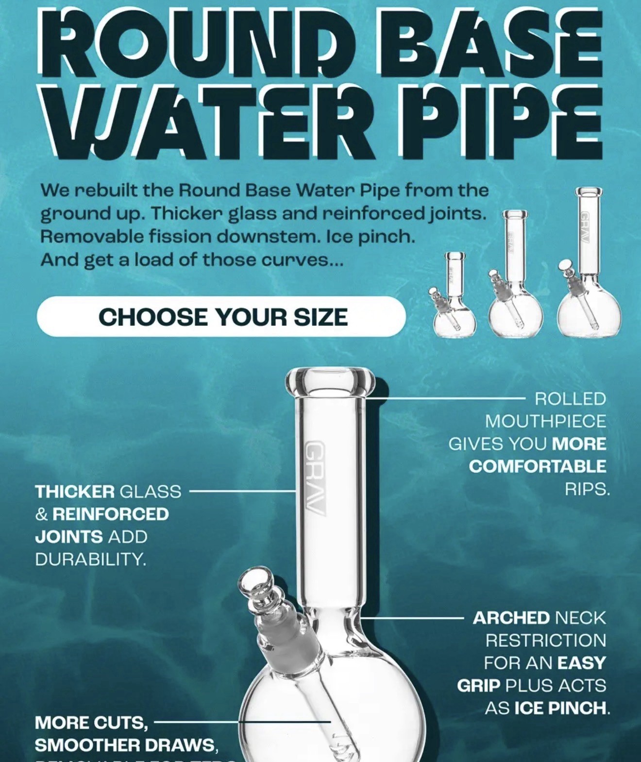 GRAV® SMALL 7” ROUND BASE WATER PIPE BONG, ICE PINCH, REMOVABLE STEM, CLEAR