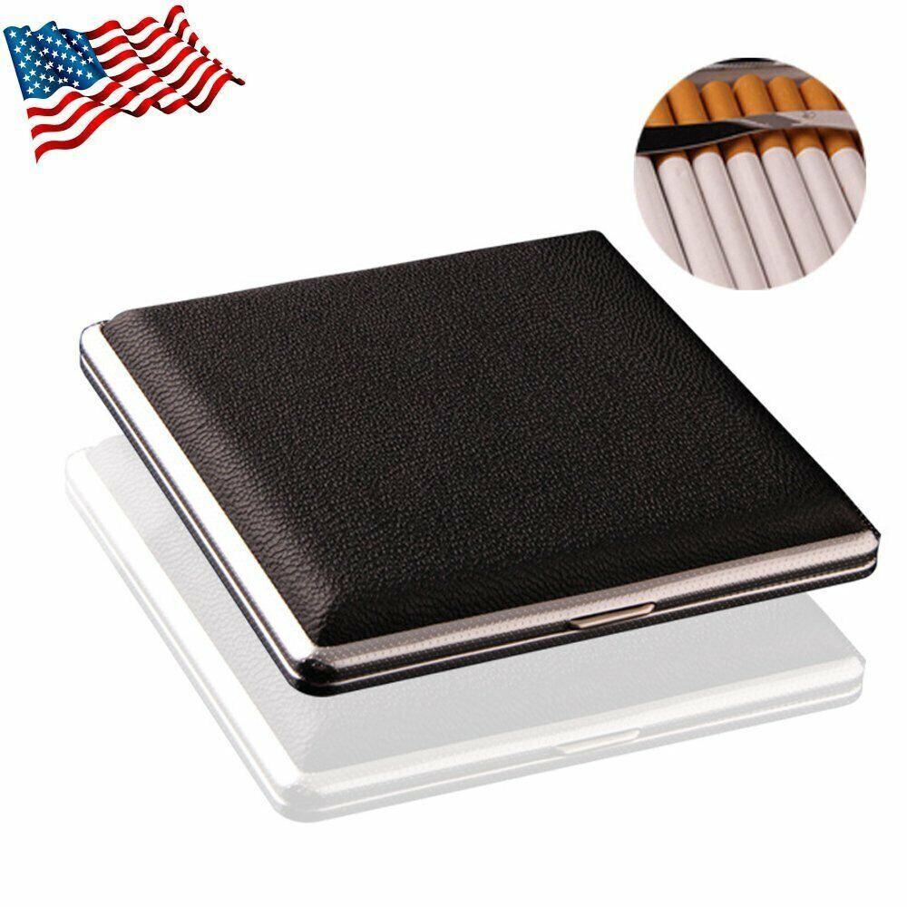 PU Leather Cover Metal Cigarette Case Box Double Sided Clip for 20 Cigarette US