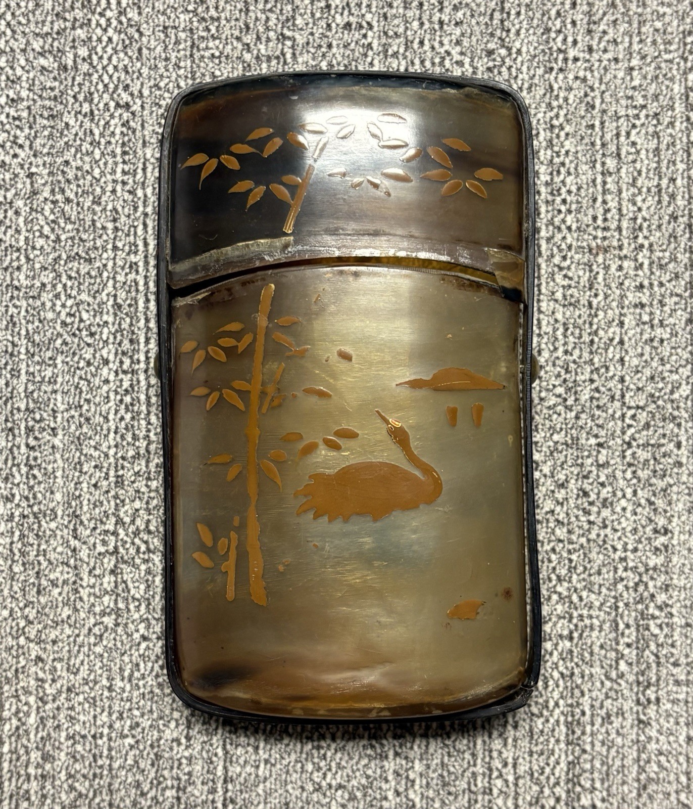 Antique Japanese Tortoiseshell Folding Cigar Cigarette Case ~ Asian Crane Bamboo