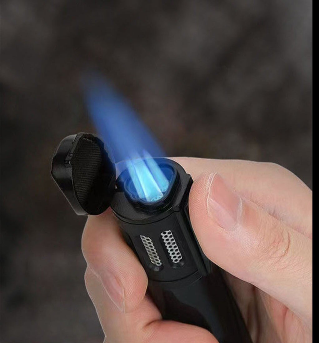 Triple Jet Butane Torch Lighter With Cigar Holder on Top & Fuel Level Window