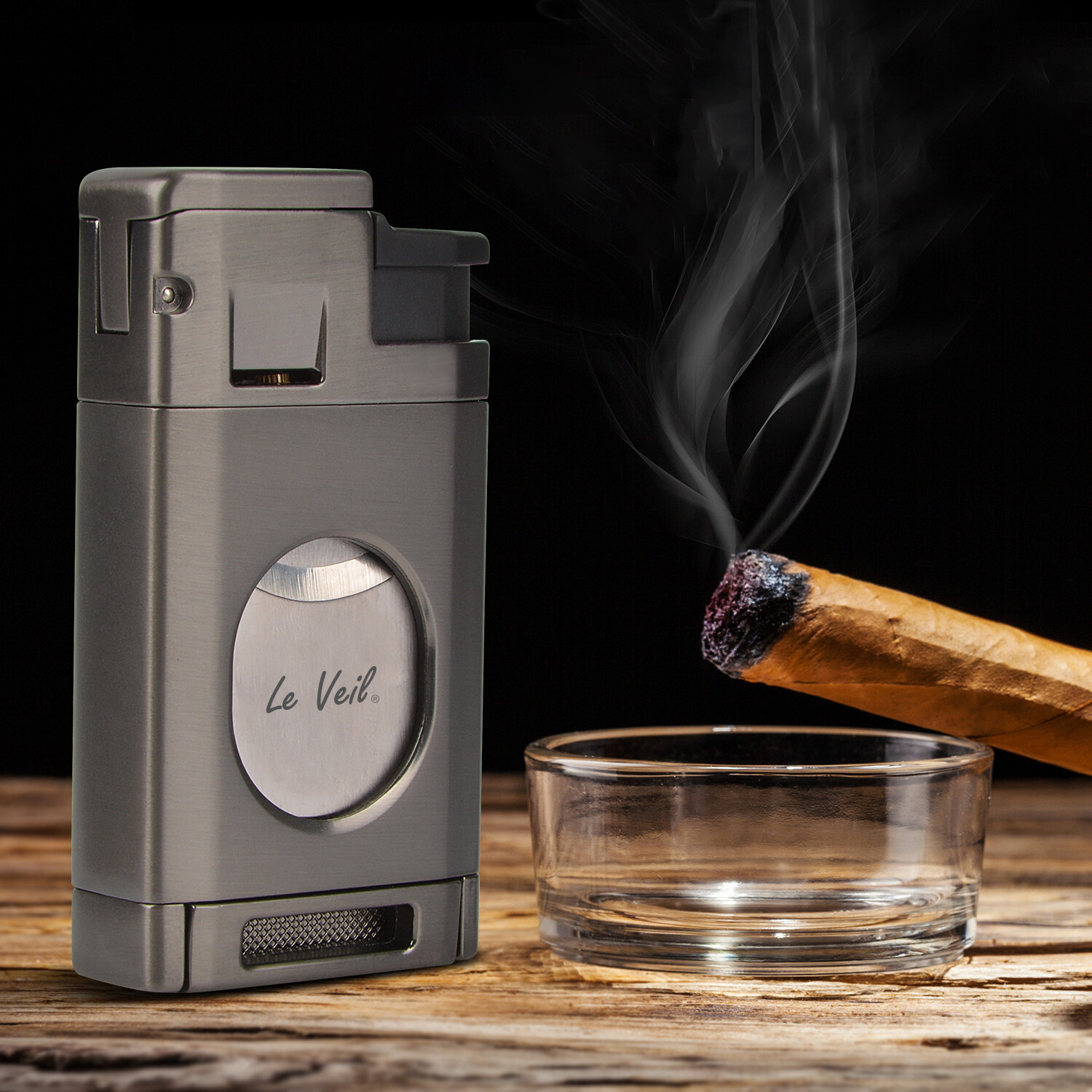 Le Veil 2-1 Lighter with cutter 60R, Gun Metal Color, 3 Jets, New In Box -625003