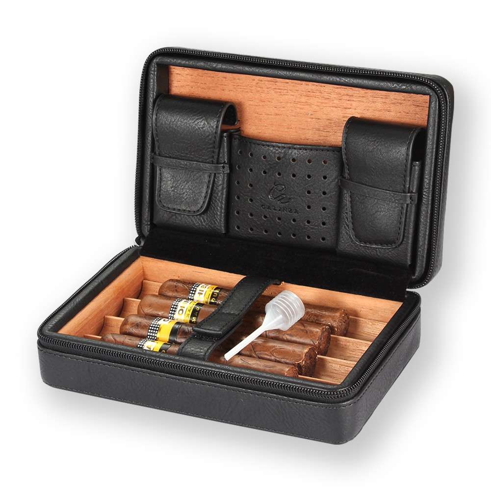 Galiner Cigar Case 4 Slot Cigarette Holder Leather Cedar Wood Humidor Gift Box