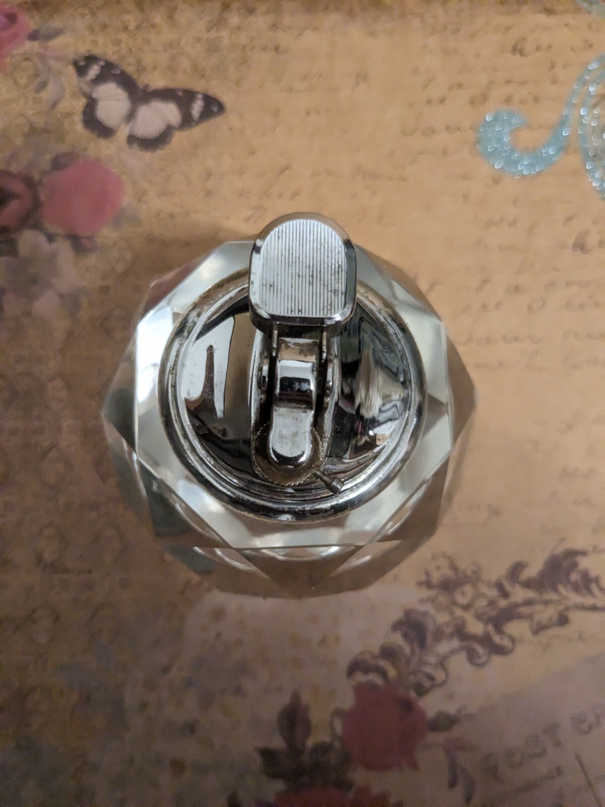Vintage MCM Faceted Gas Lighter Art Deco Hand Carved Glass Chrome Japan 1970