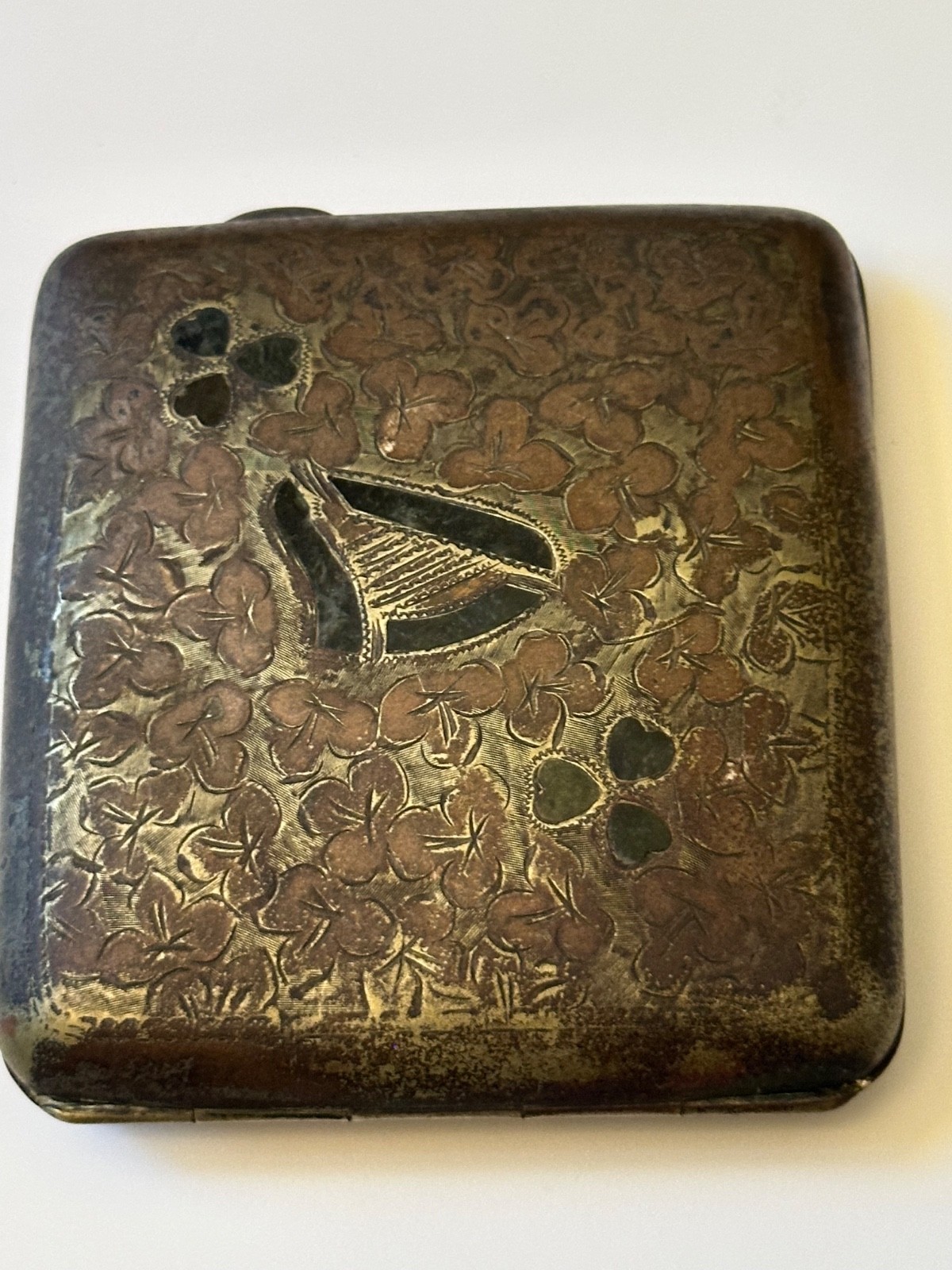 Antique English Cigarette Case Engraved & Wood Inlaid Top Plated N Silver Bottom