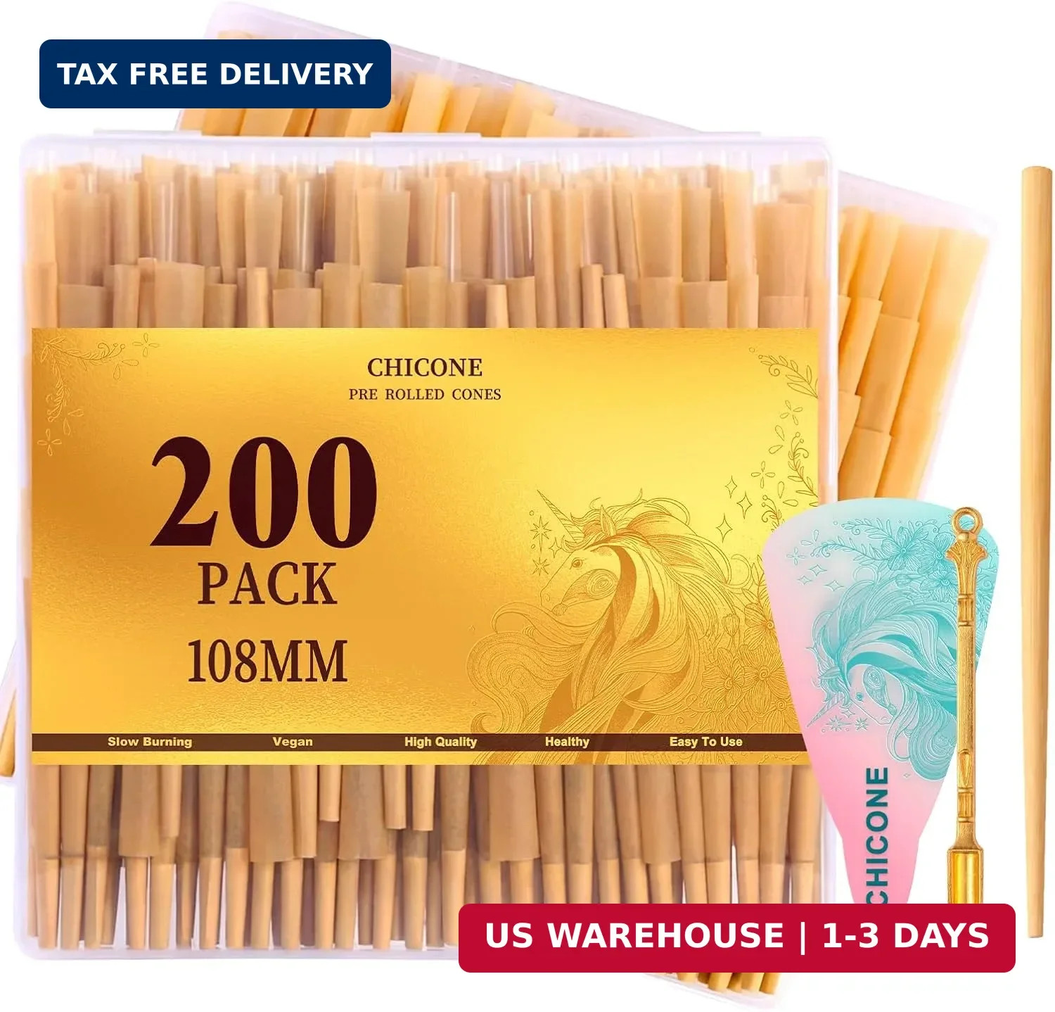 Cones Rolling Paper 108mm Preroll 200 Pack Rolled Cones -Natural Slow-Burning…