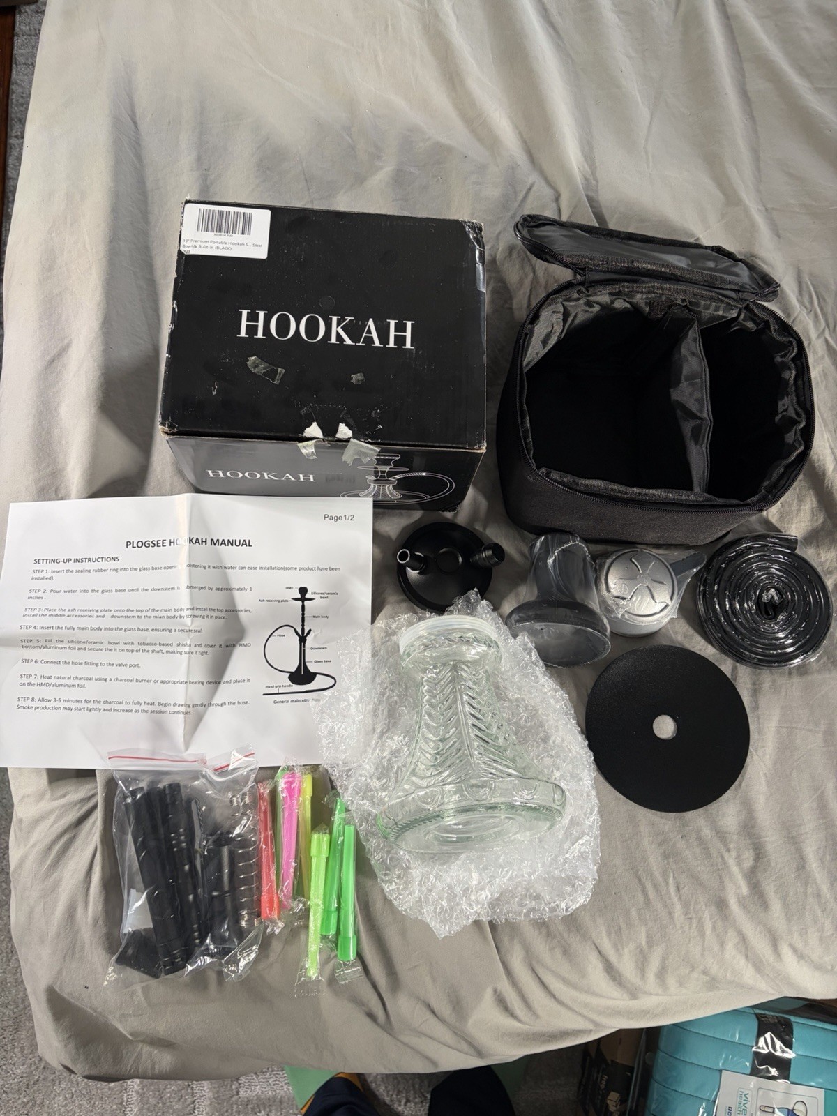 Brand New Black Portable Hookah with Carrying Bag and Extra Tips