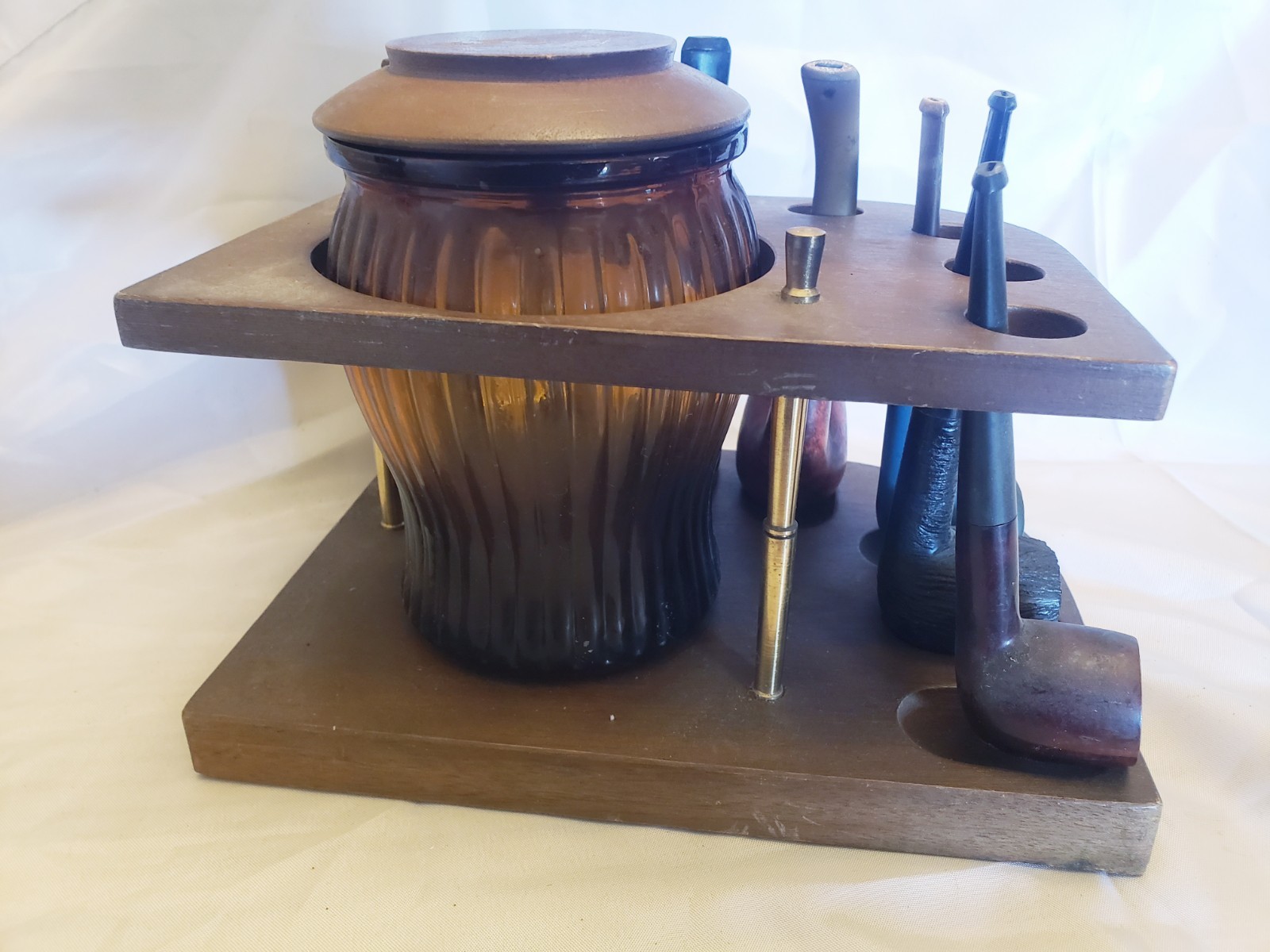 Japan Wood 7 Pipe Stand Holder Amber Glass Tobacco Jar w Humidor w 7 Pipes