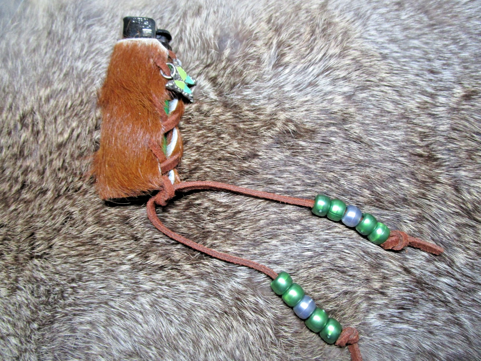 COW HIDE LEATHER HANDCRAFTED LIGHTER CASE – PEARL GREEN/SILVER BEADS – CHARM