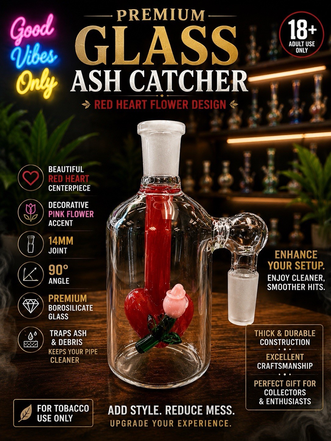 Premium Glass Ash Catcher-Red Heart Flower 14mm Joint 90° Angle For Tobacco 18+
