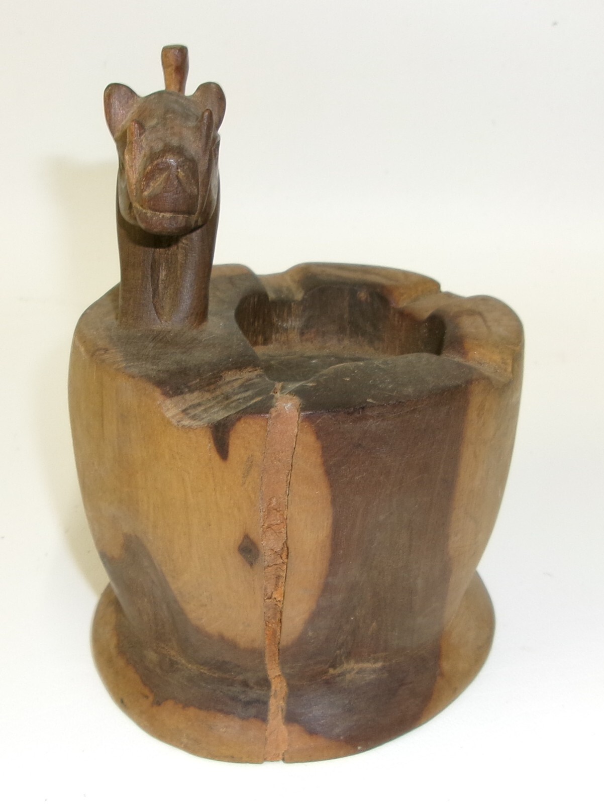 Vintage One Piece Hand Carved Wooden Folk Art Figural Rhino Hippo Ashtray