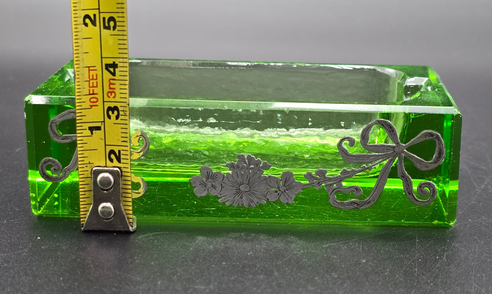Antique Victorian Green Glass Ashtray with Sterling Silver Decorations/UK/c1900