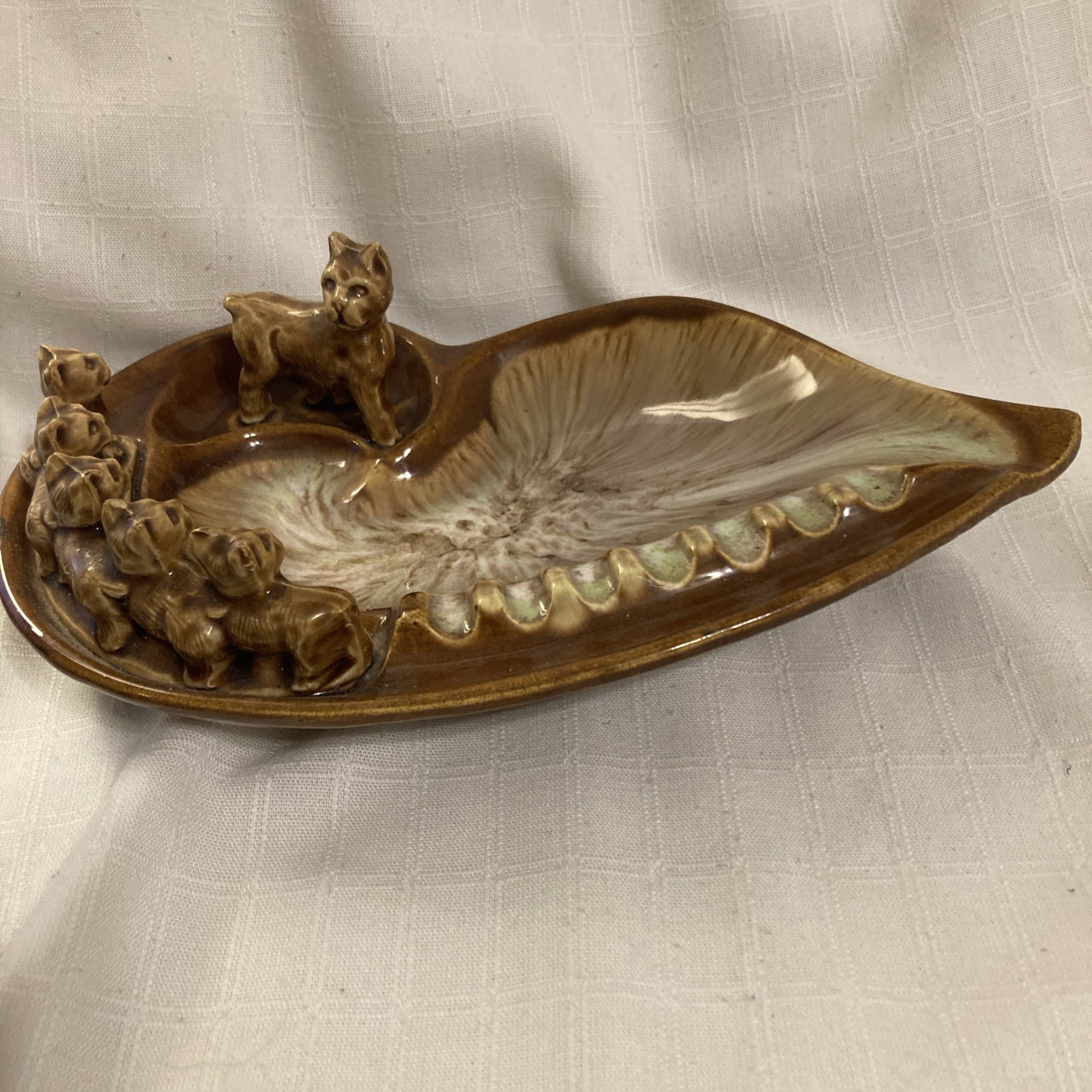 Vintage MCM Mother Dog And Puppies On Ashtray Lovely Glaze California USA