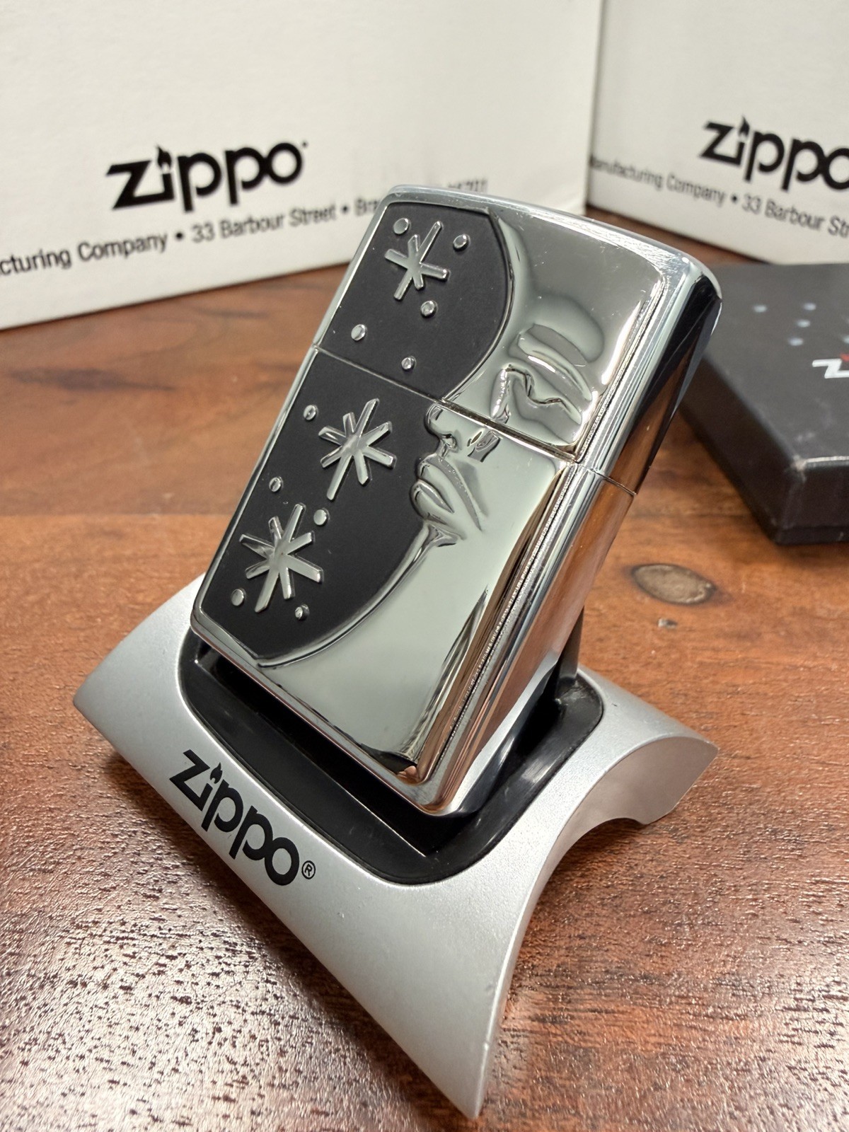 GENUINE Zippo Lighter MELANCHOLY MOON & STARS Brushed Chrome 2005 NEW IN BOX