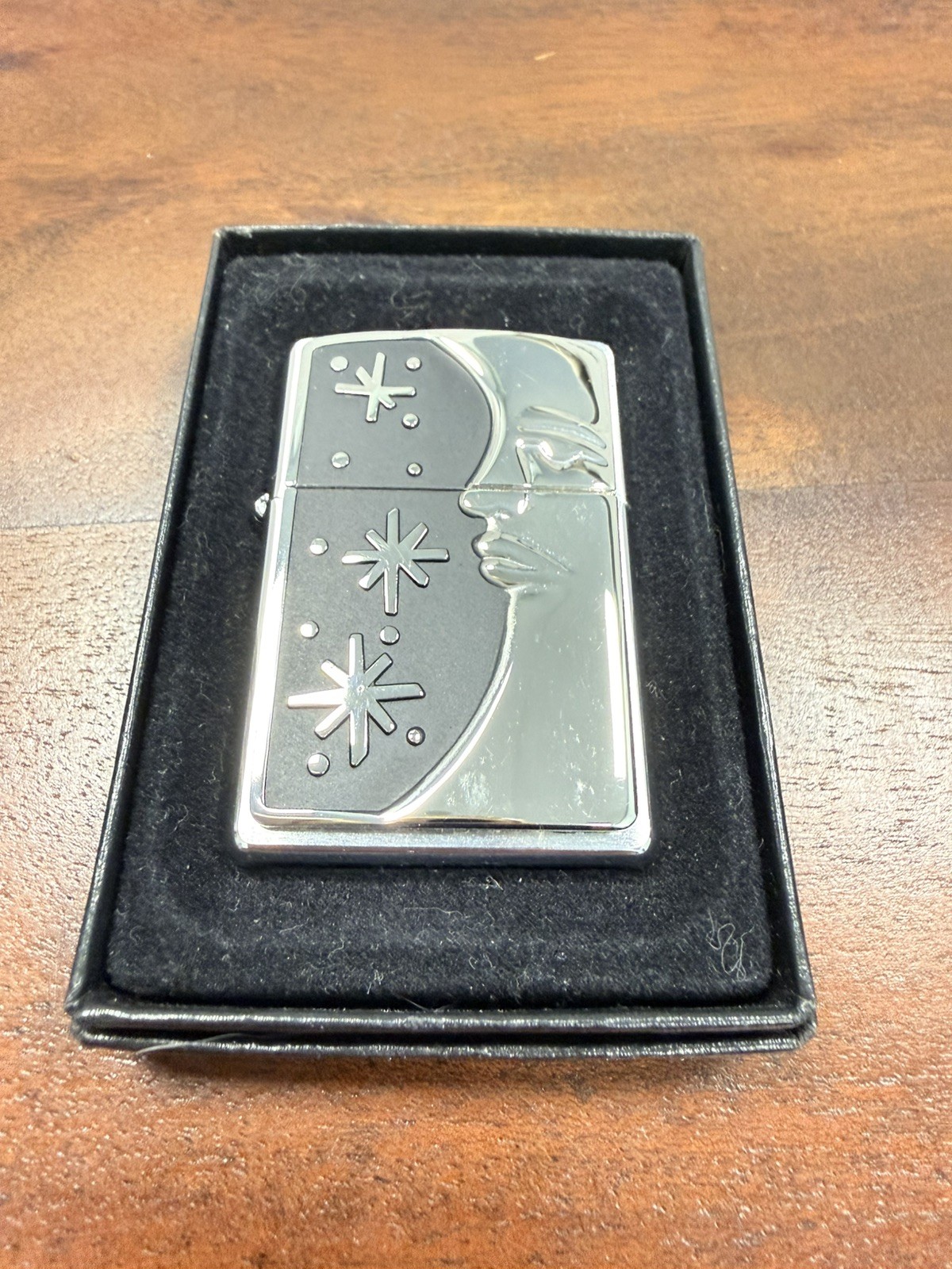GENUINE Zippo Lighter MELANCHOLY MOON & STARS Brushed Chrome 2005 NEW IN BOX