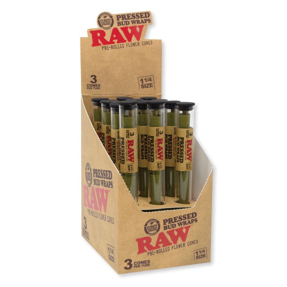 RAW Rolling Papers 1 1/4 SIZE PRESSED BUD WRAP CONES 1 TUBE/ 3 Pre Rolled Cones