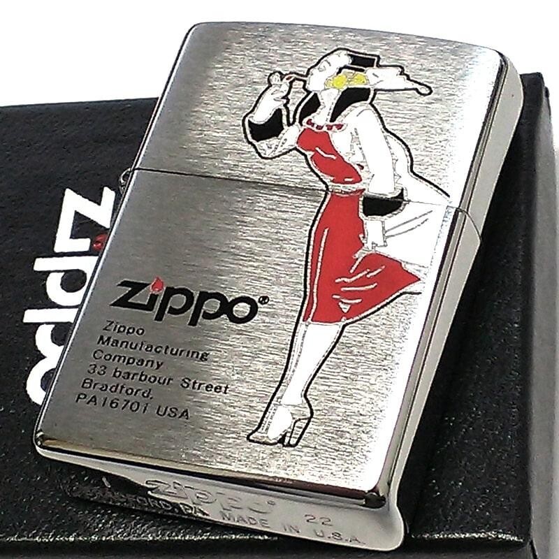 Zippo Oil Lighter Windy Girl Design Silver Red Brass Regular Case Japan