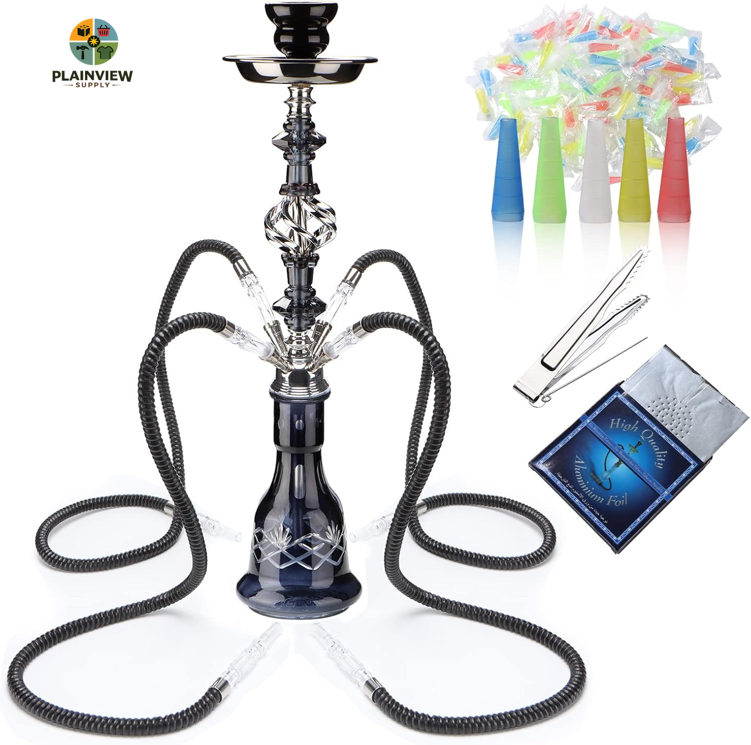 Hookah Set with Everything 4 Hose – 22″ Premium Hookah Shisha Set with Glass Va