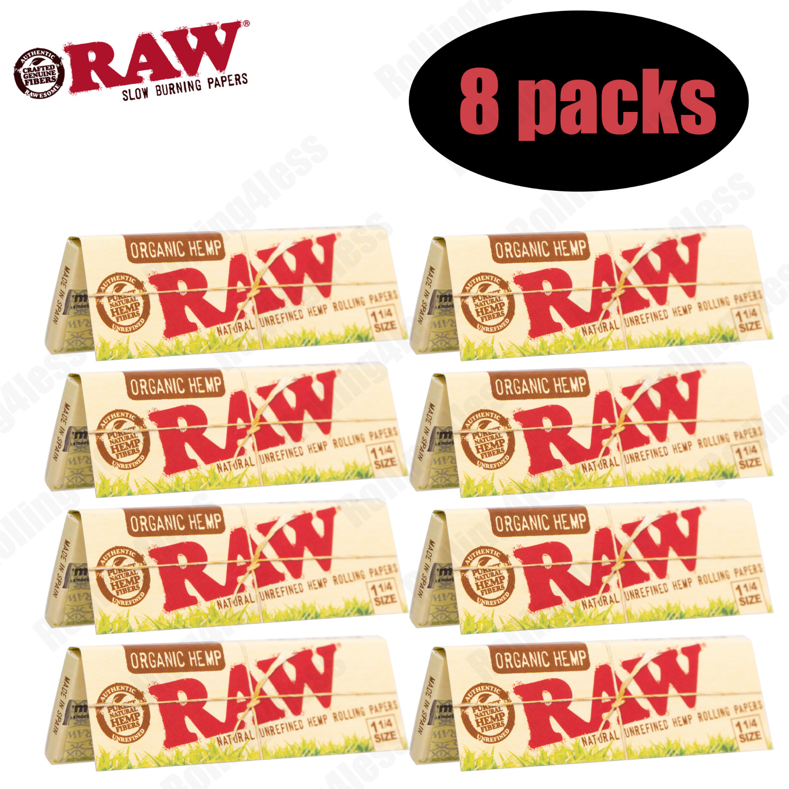 AUTHENTIC Raw Organic Hemp 1 1/4 Unrefined Rolling Papers | 8 packs