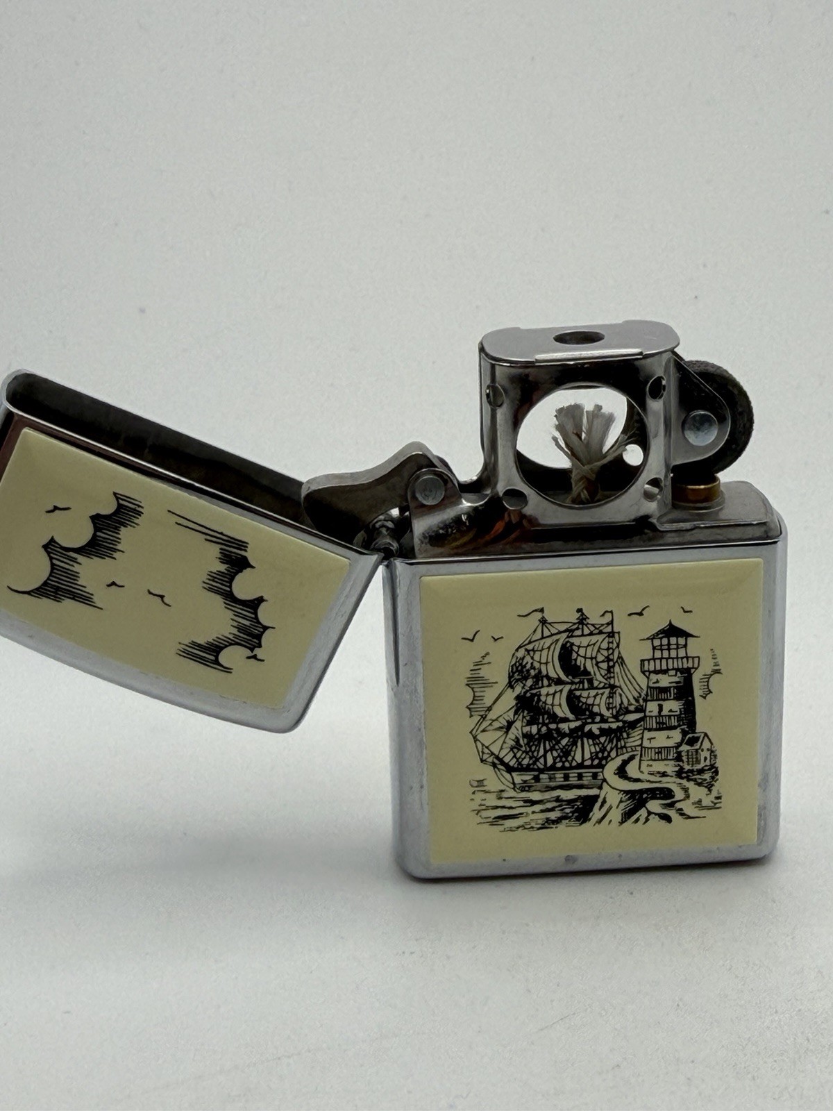 Vintage 1995 Scrimshaw Lighthouse Ship Double Side Chrome Pipe Zippo Lighter NEW