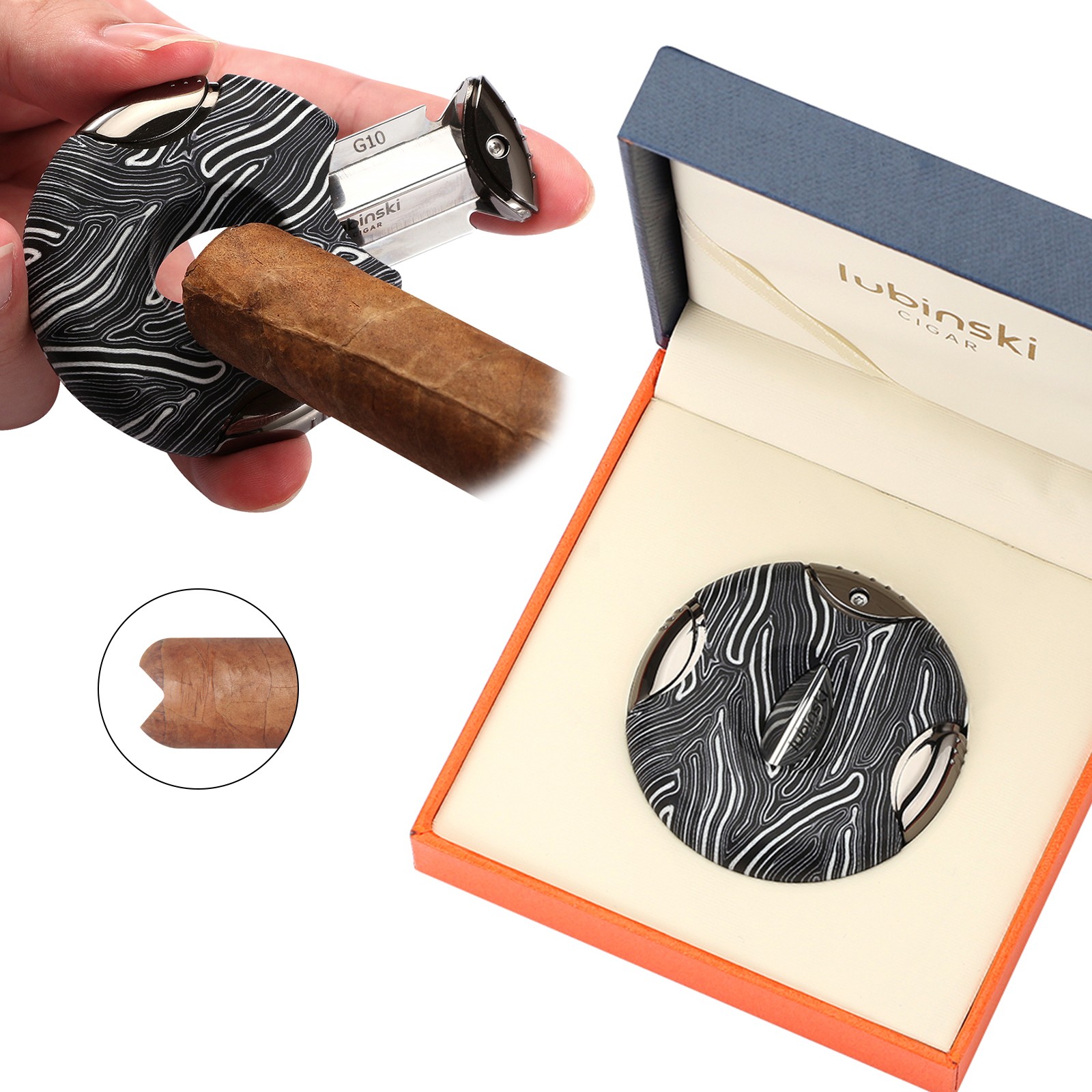 LUBINSKI Round G-10 Cigar Cutter Cigar Guillotine V-Cut Clipper with/ Gift Box