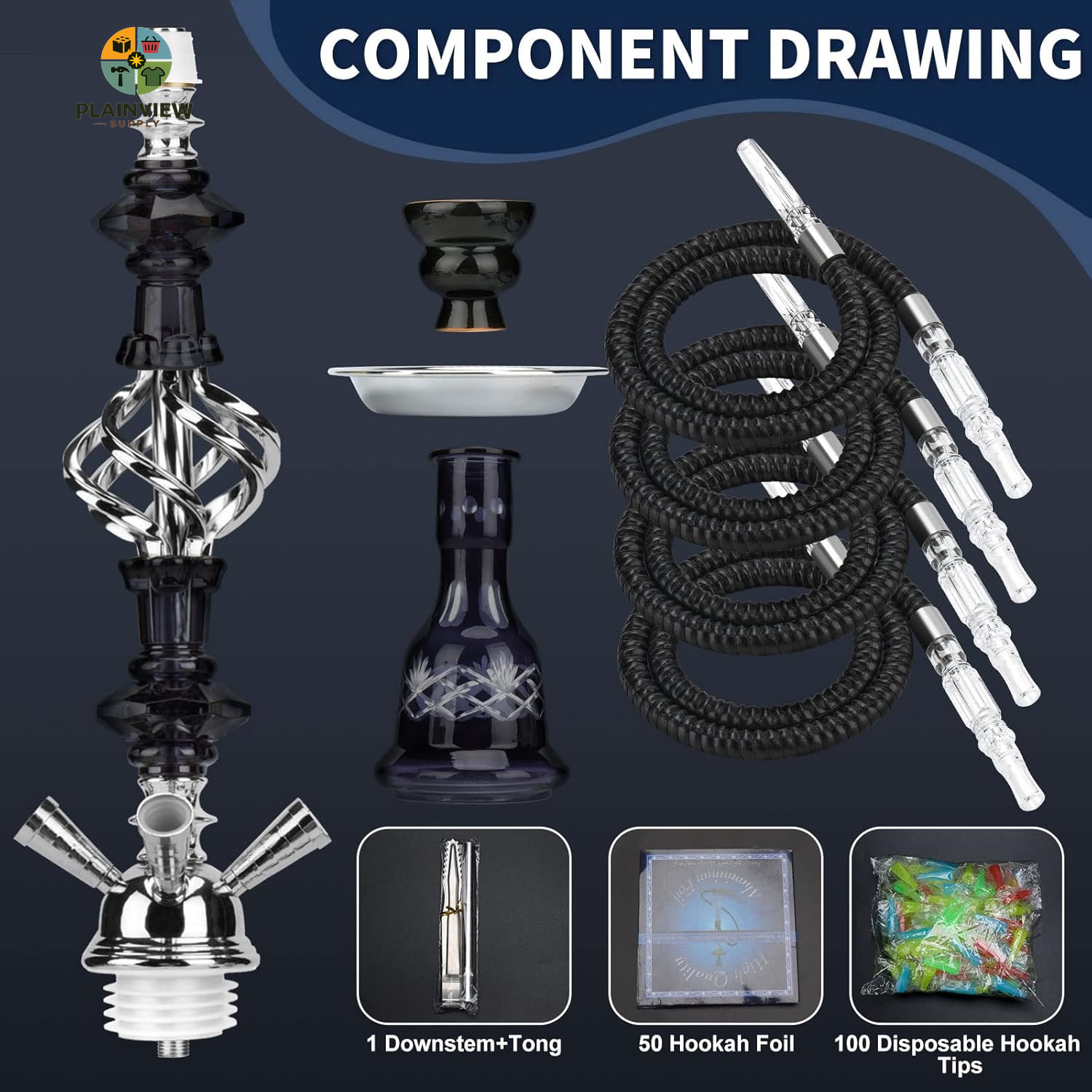 Hookah Set with Everything 4 Hose – 22″ Premium Hookah Shisha Set with Glass Va