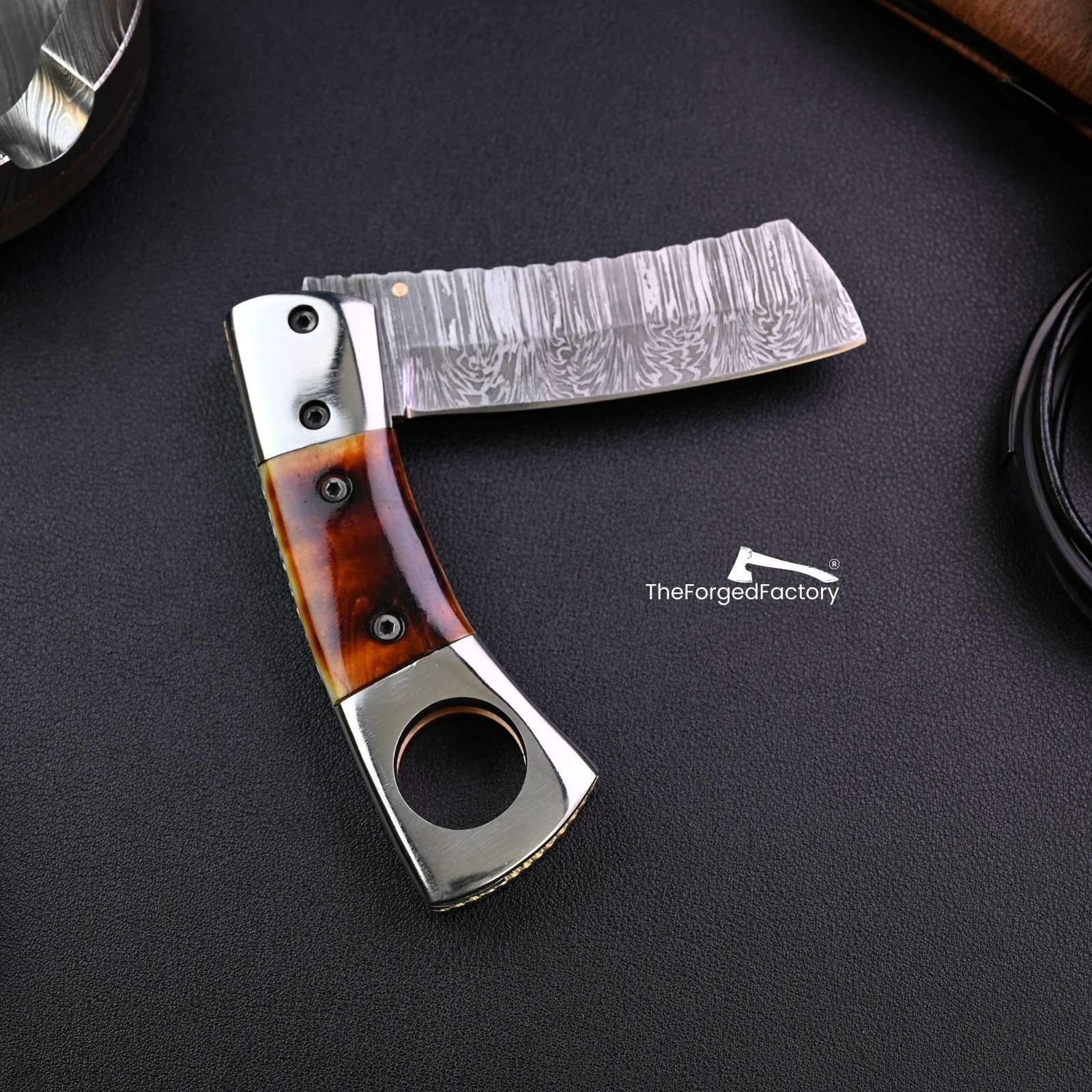 Damascus Steel Cigar Cutter Knife Tactical Pocket EDC Tool with Sheath