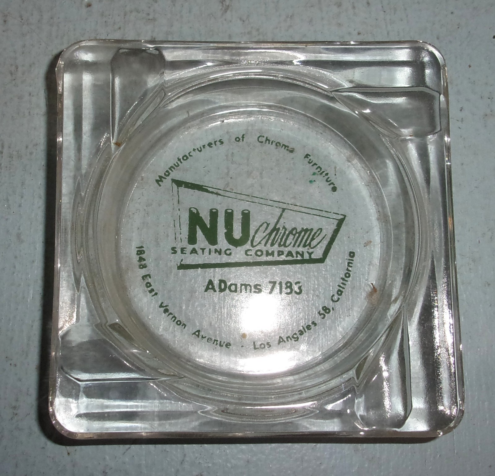 Vintage Nu Chrome Furniture Advertising Clear Glass Ashtray California
