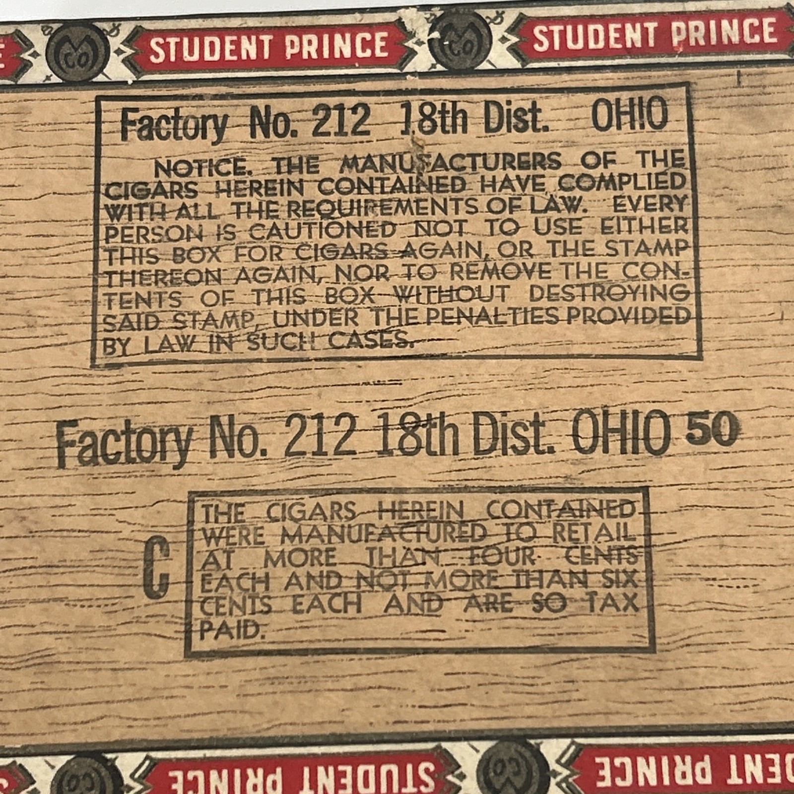 Vintage Student Prince Panetela Cigar Box EMPTY 1943 Tax Stamp J.C. Newman Ohio