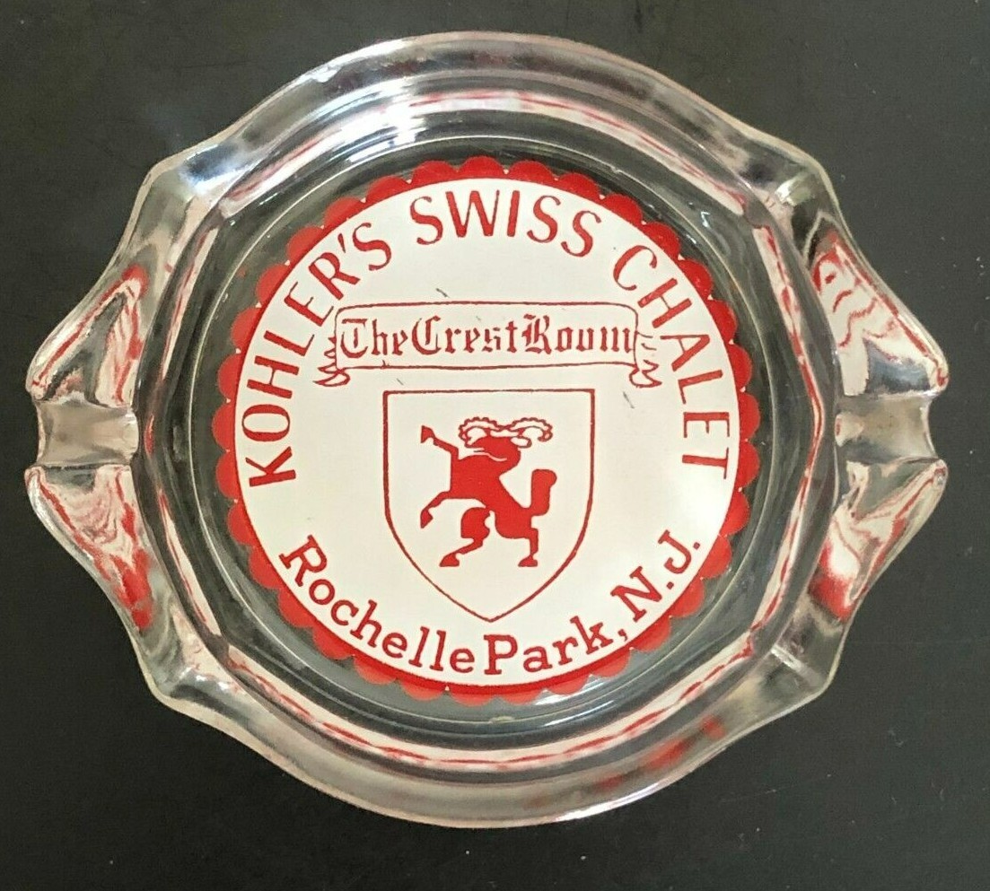 Kohler’s Swiss Chalet Advertising Ashtray VTG Glass The Crest Room Rochelle N.J.