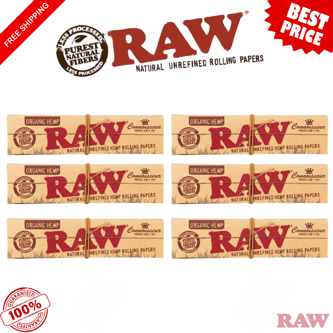 RAW Organic Hmp Connoisseur King Size Slim Rolling Papers + Tips | 6-Pack Set