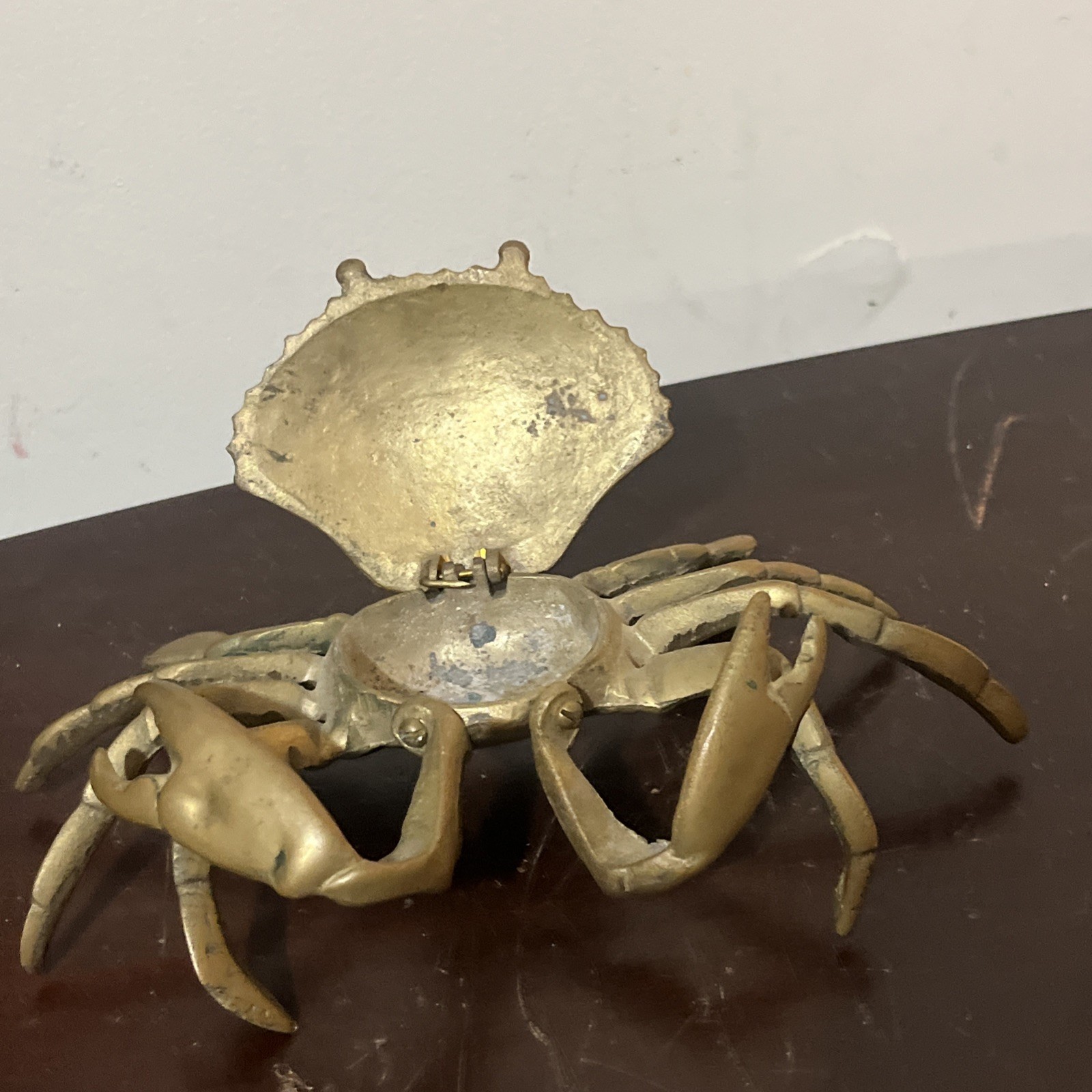 Vintage Hinged Brass Crab Lift Top Trinket Dish Cigarette Ashtray 7 “