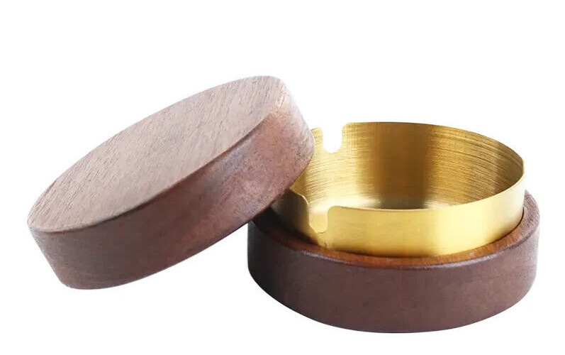 Modern Stainless Steel & Wood Ashtray With Lid Golden, 3.78X1.57 Inches)