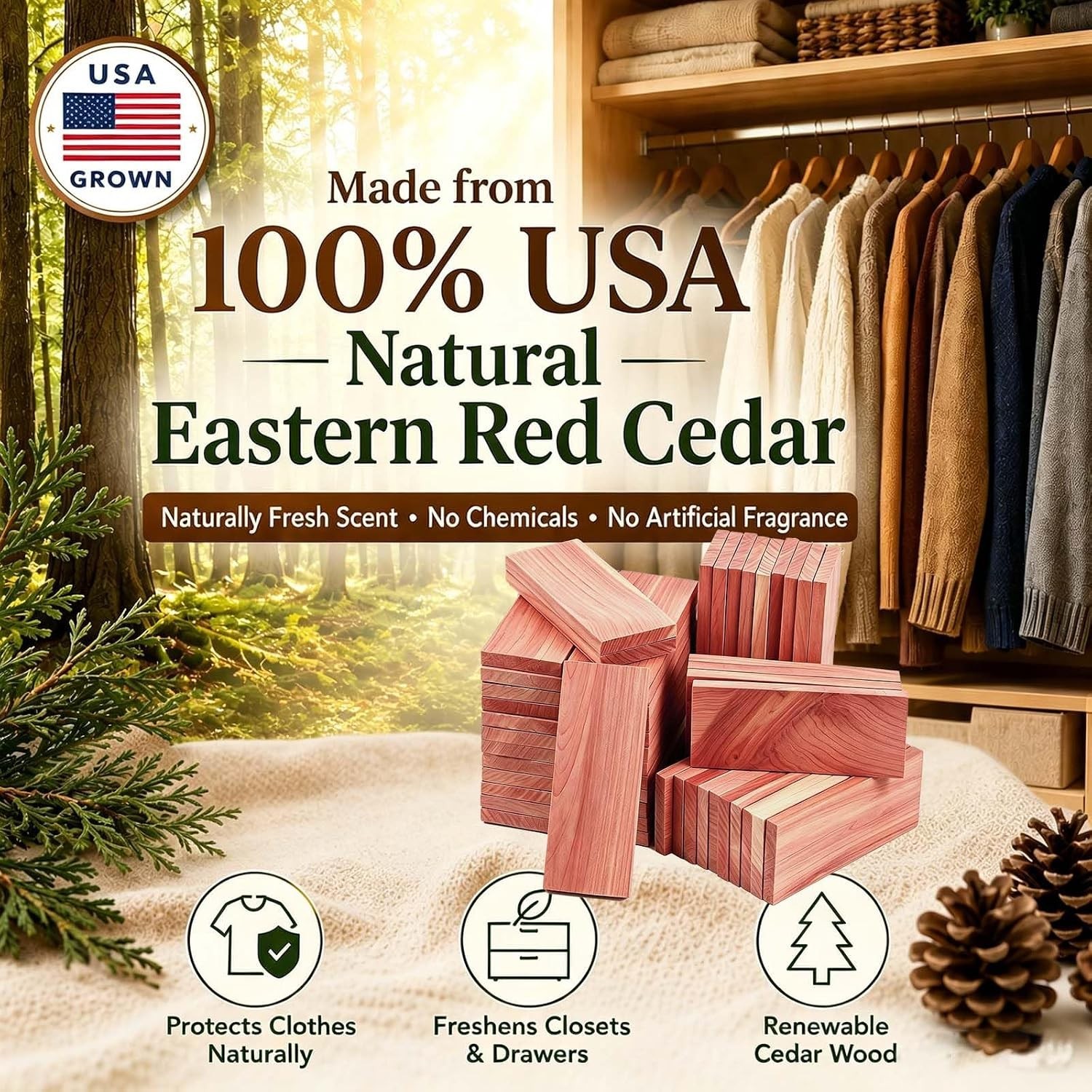 100% Natural Red Cedar Blocks for Clothes Storage, 20 PCS Drawer Freshener, C…