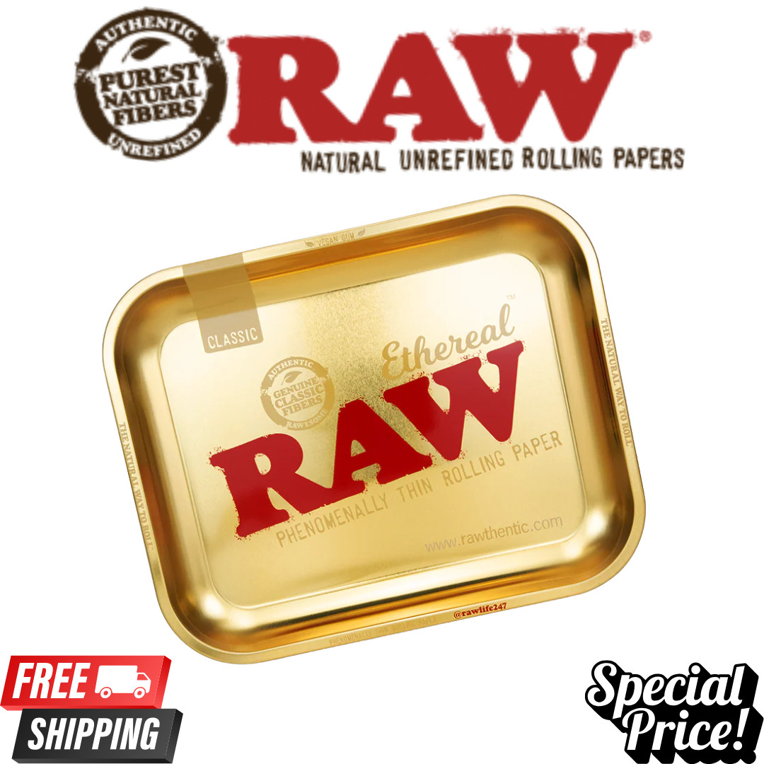 RAW Ethereal Rolling Tray – Large 14″ x 11″ | Polished Gold-Tone Metal