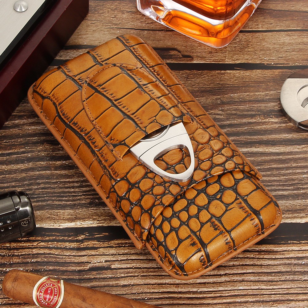 Galiner Crocodile Embossed Travel Leather Cigar Case Holder 3CT Tube W/ Cutter