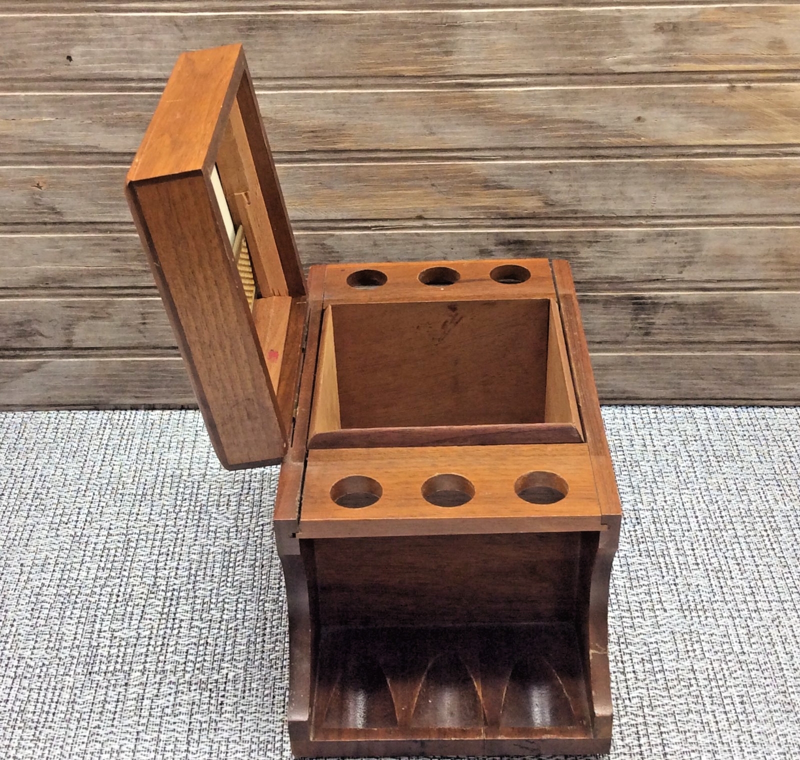 Tobacco Humidor Box & Pipe Stand 6 Slot Holder Genuine American Walnut 1950s MCM